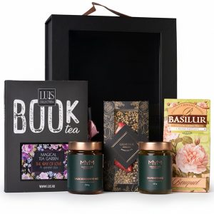 nyugodt pillanatok ajándékcsomag teaválogatással, kézműves mézzel és elegáns fekete díszdobozzal