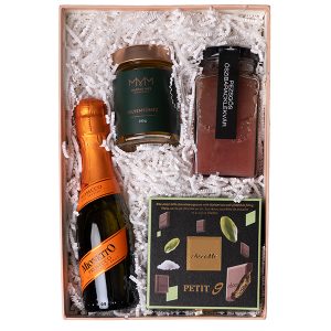 prosecco ajándékcsomag mézzel, lekvárral és kézműves csokoládéval fa díszdobozban
