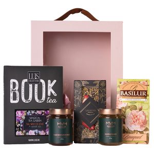 teás élmények ajándékcsomag elegáns rózsaszín díszdobozzal, prémium teákkal és kézműves mézekkel