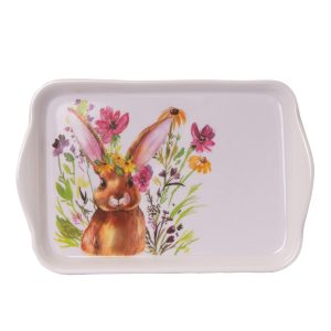 Nyuszis Dekor Tálca – Virágkoszorús Mintával 13x21cm