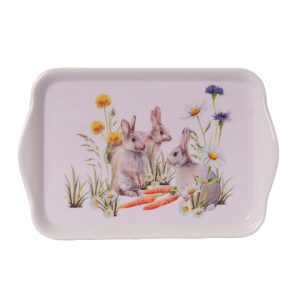 Húsvéti Nyuszis Műanyag tálca – Virágos Rét Mintával 13×21 cm